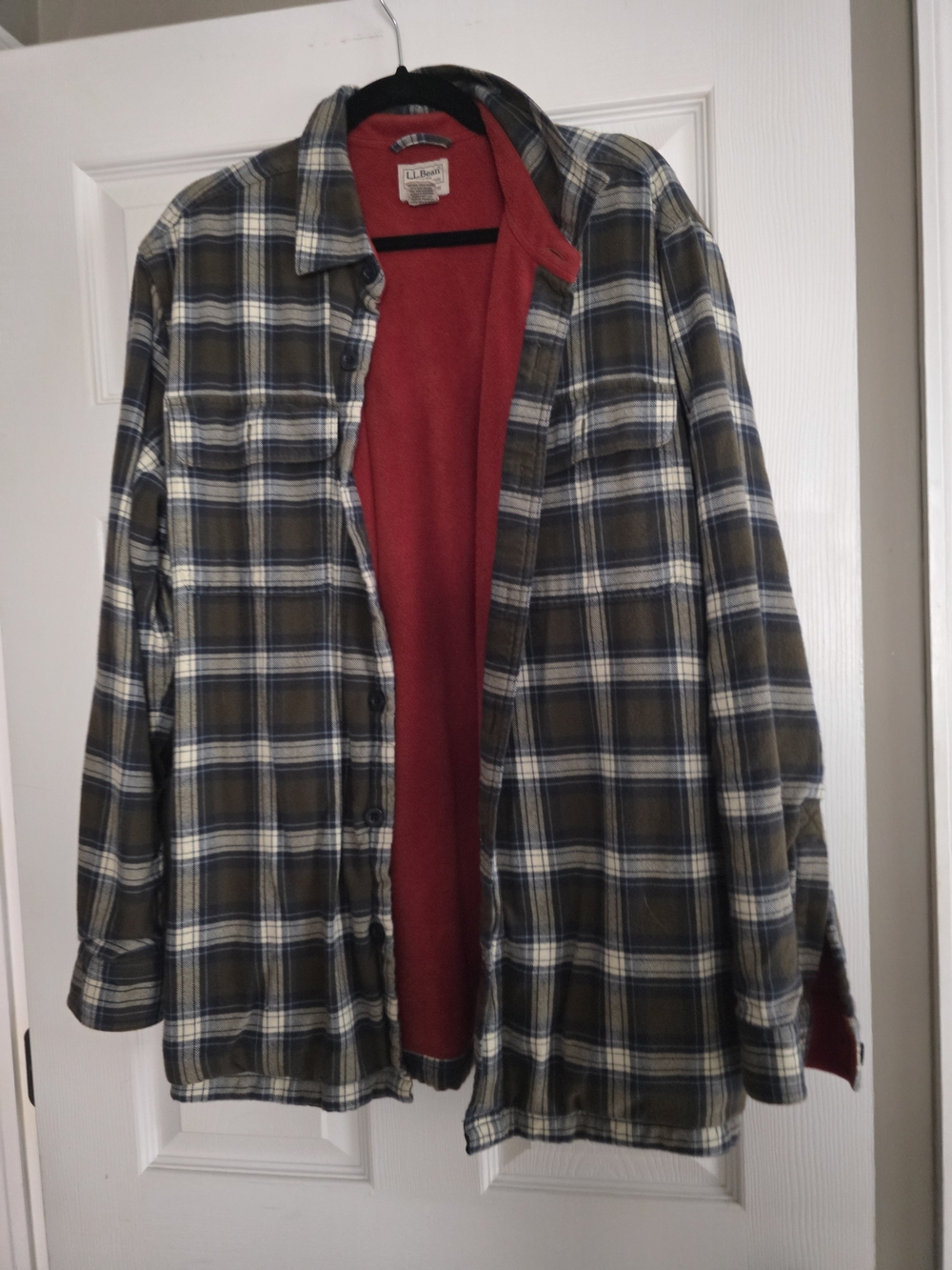 L.L. Bean Olive and Navy Plaid Shirt Jacket with Red Fleece Lining